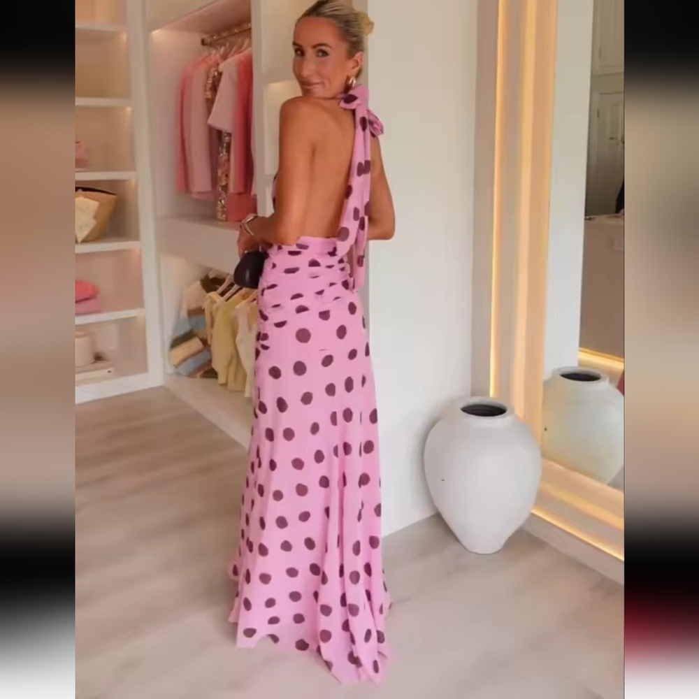 Polka Dot Printing Halter Maxi Dress WomenElegant Sleeveless Backless Skinny - Picture 3 of 10